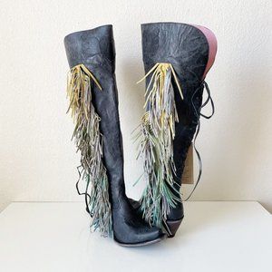 Junk Gypsy Lane Womens Boots Sz 6.5 Black Spirit Animal Ombre Fringe Thigh High